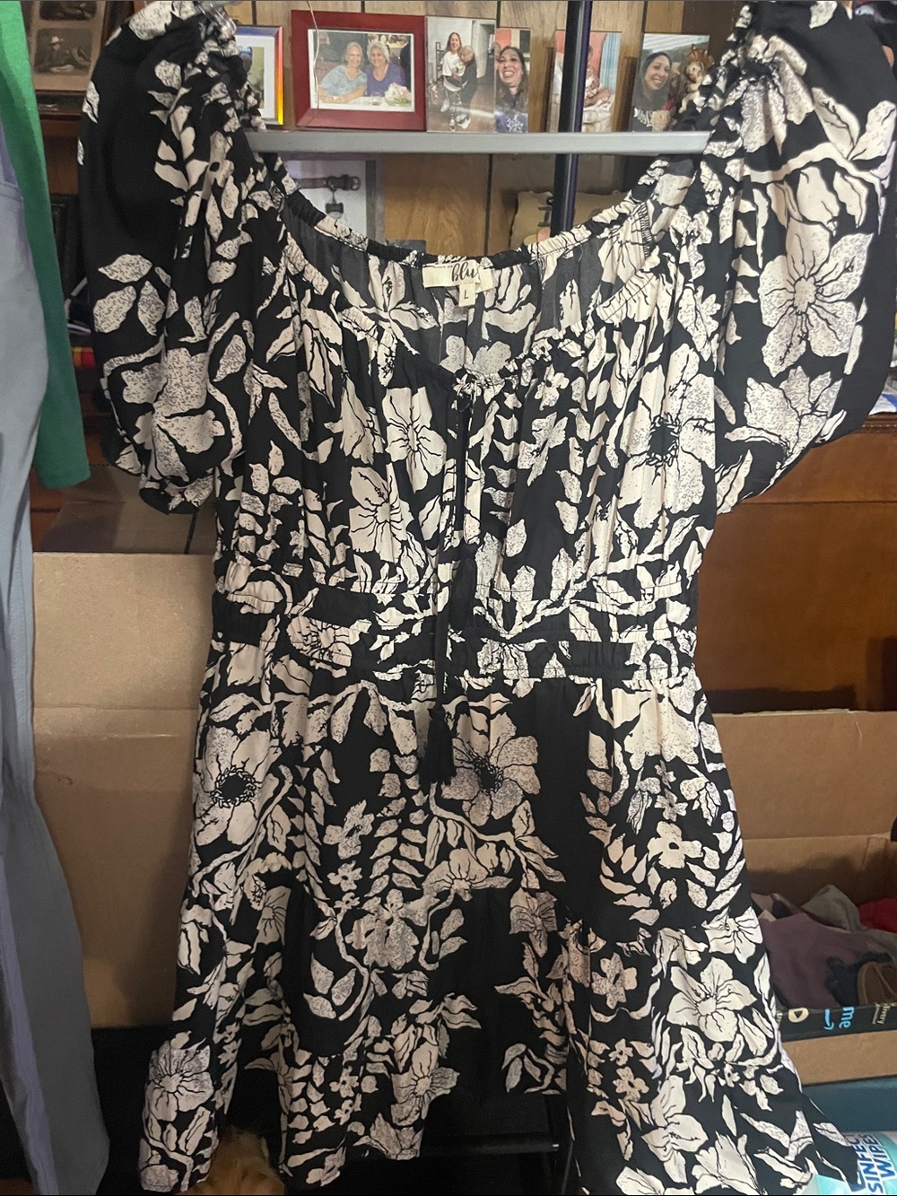 Black & Cream Floral Puff-Sleeve Women’s Dress